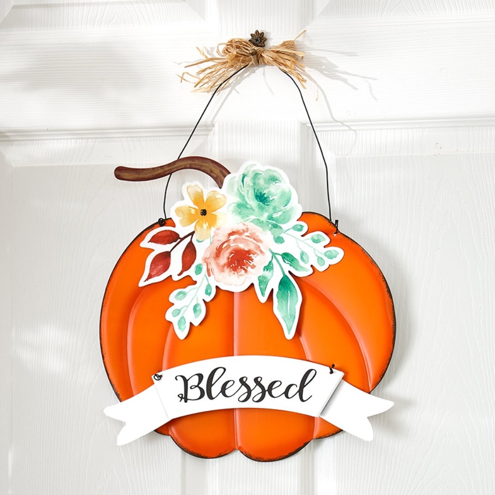 Thanksgiving  Fall Tin Wall Door Hanger  Pumpkin w Banner BLESSED  Plaque New